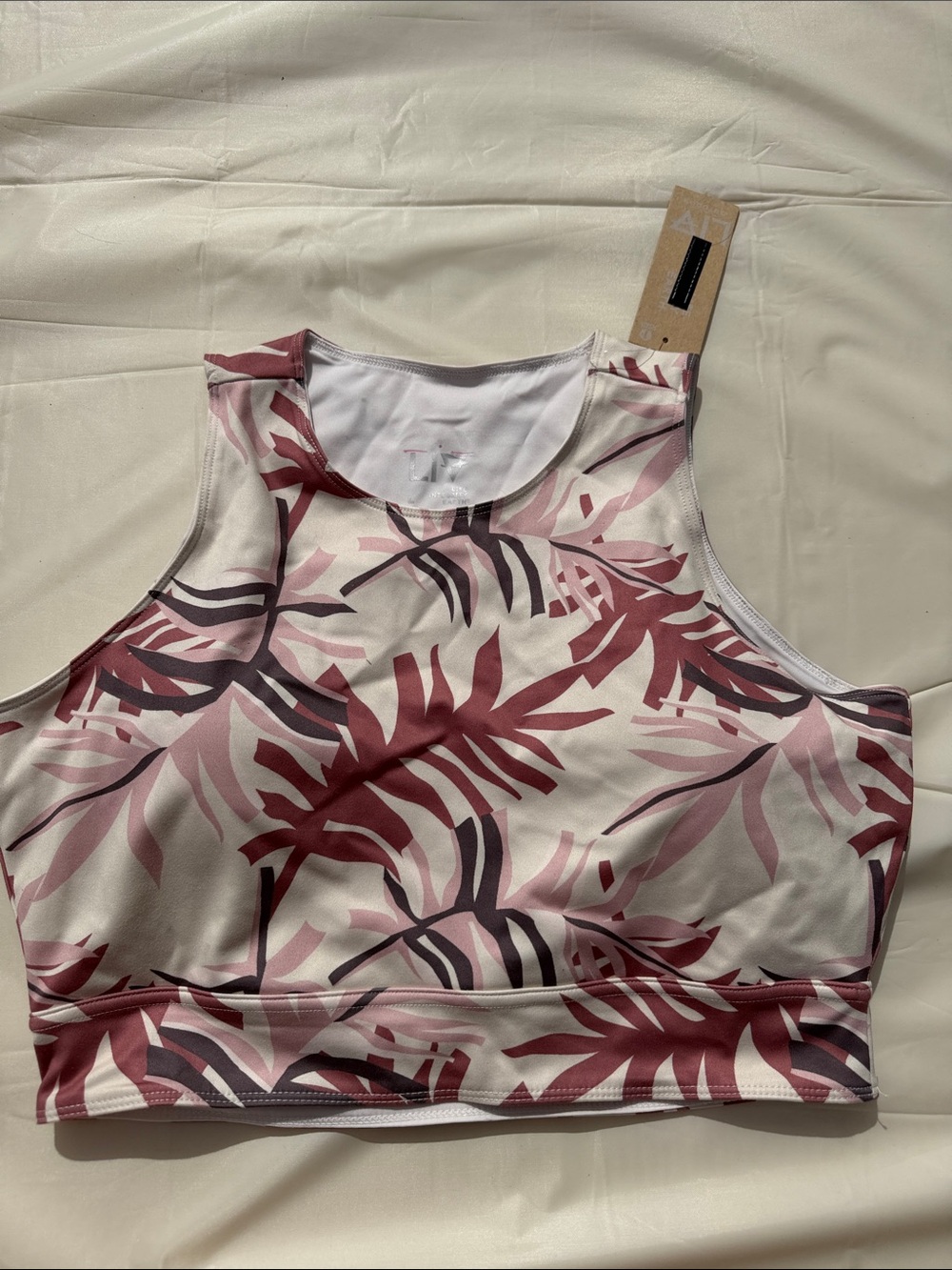 Pink Leaf Print Athletic Crop Top